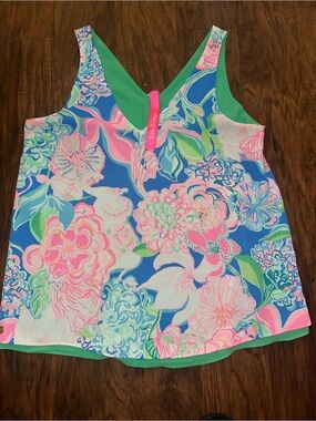 Lilly Pulitzer REVERSIBLE; Floral Print V-Neck Tank in Blue, Pink, Green